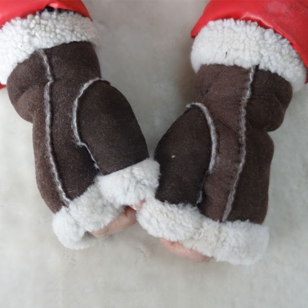 Stock Ladies Lambskin Gloves with Curly Fur Trim Cuff Shealring Sheepskin Fingerless Gloves