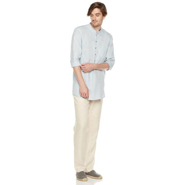 Men'S 100% Linen White Mandarin Collar Henley Shirt Long Sleeve