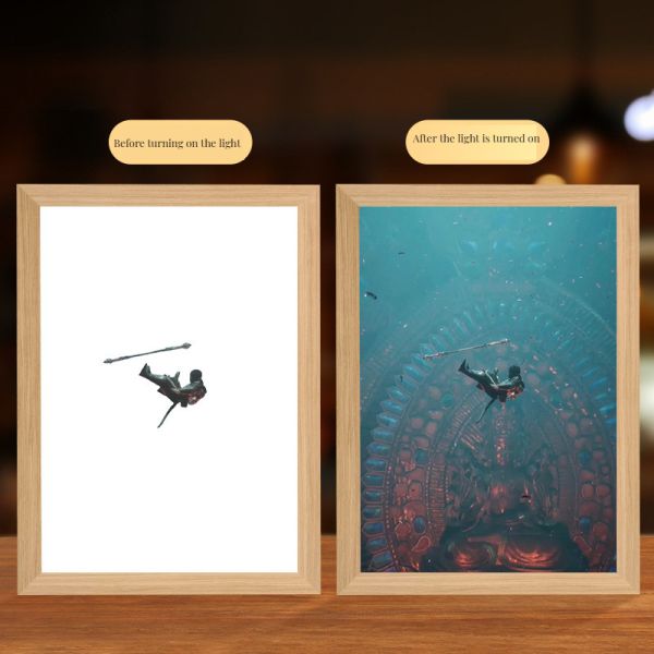 White Light Wood Frame Black Myth Monkey King Journey West Light Painting for Bedroom