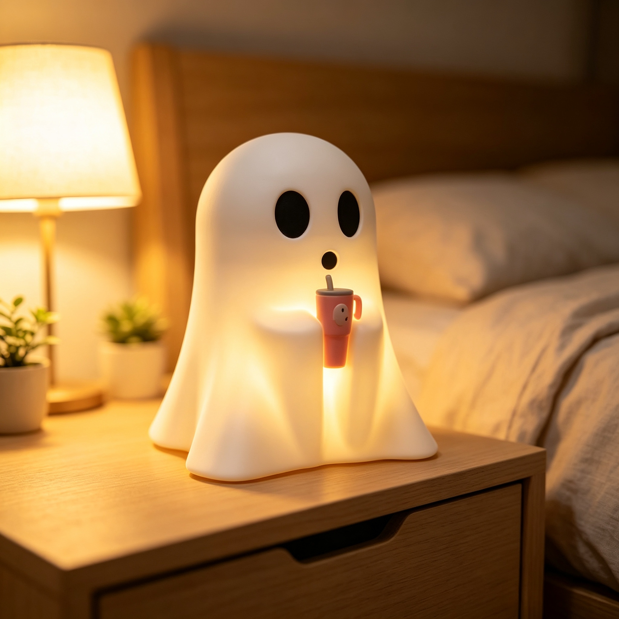 Ghost With Drink Cup Figurine, 3D Printed Holiday Decoration Halloween Desk Ornament