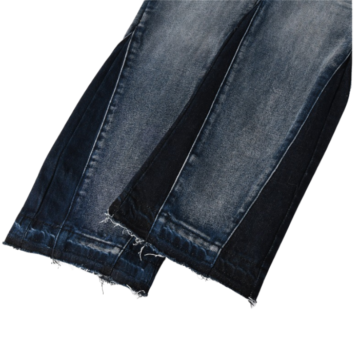 Flare Patchwork Denim Jeans Mid Rise Streetwear Denim Pants With Whisker Detailing