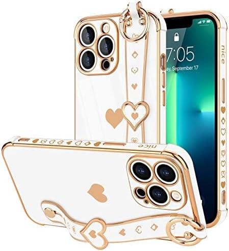 iPhone 12 Pro Cute Love-Heart Plating Strap Phone Cover para Mulheres Meninas Bling Lente de câmera de silicone Proteção Bumper