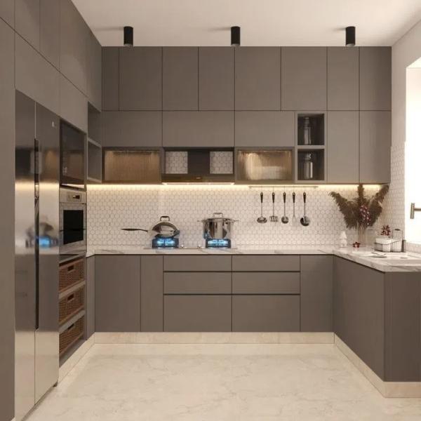 Armários de cozinha de estilo moderno em forma de L Armários de cozinha personalizados de melamina de aço inoxidável Armários de madeira Cozinha com lavatório