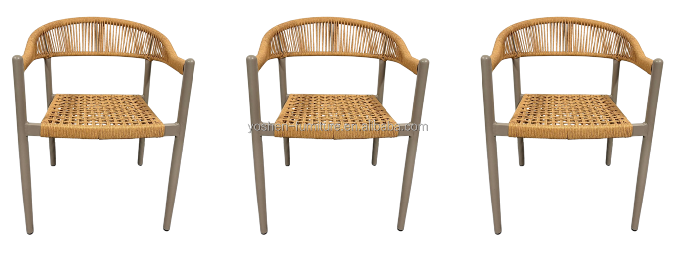 Beige Rope Woven Outdoor Dining Arm Chair with Grey Frame for Coastal Patio Garden