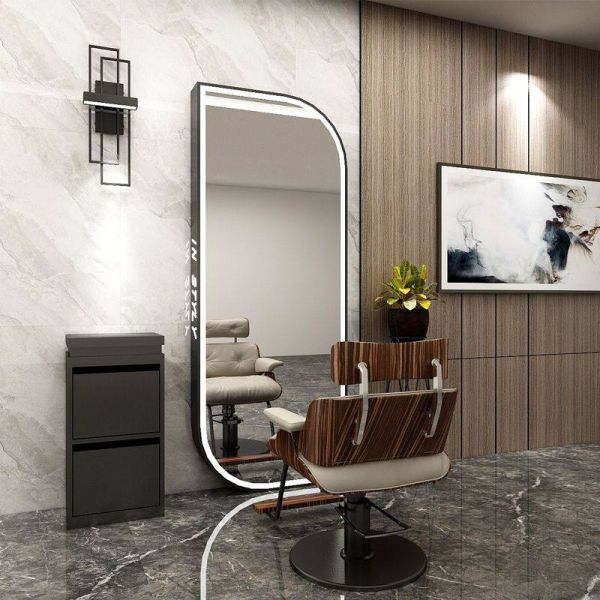 Kingstin LED Floor Standing Blade-shaped Mirror with Light Gold Black Arched Styling Unit for Hairdresser