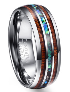 Tungsten Carbide Wedding Band with Robinia Wood and Abalone Shell Inlay Unisex Classic Engagement Gift