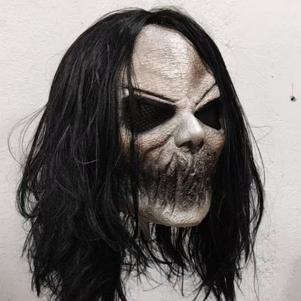 Realistic Sinister Ghoul Mask with Black Wig - Gory Jaw, Blackout Eyes - Halloween, Horror, Zombie Cosplay Costumes, Spooky Display