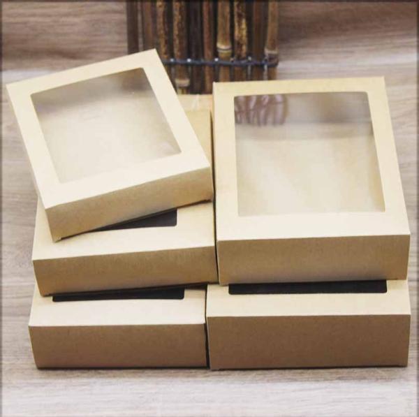 Cajas de embalaje de regalo de papel kraft blanco con ventanas de PVC, impresión personalizada