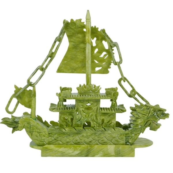 Regional Feature Fengshui Boat Chinese Jade Carved Dragon Boat Crafts Technique Carved