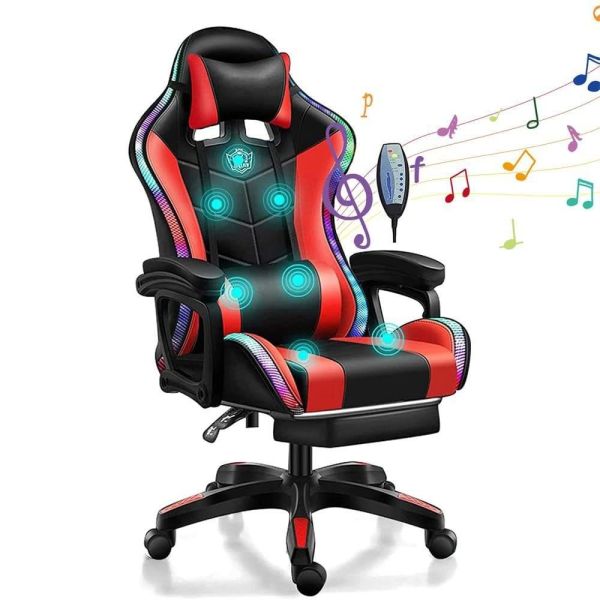 RGB Gaming Chair with 7 Points Massage Speakers and LED Light in Synthetic Leather
