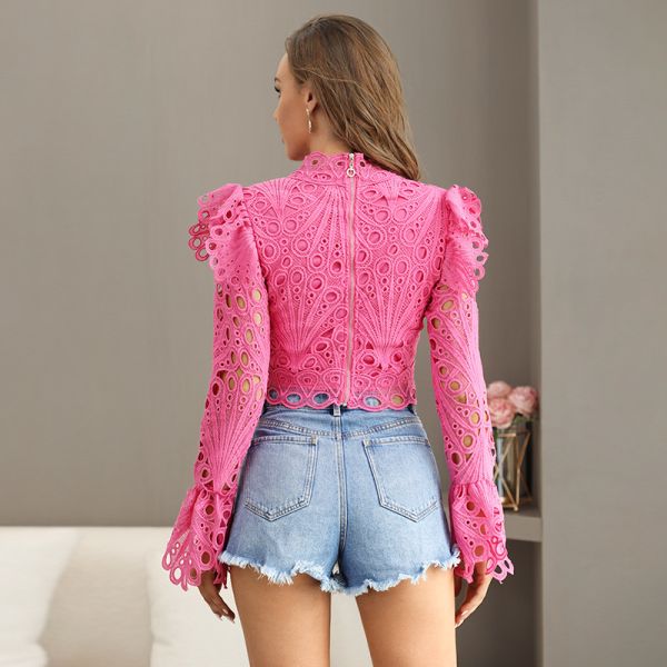 Дамы обслуживания OEM ODM покрывают блузку шнурка вязания крючком рукава колокола верхней части шнурка блузки