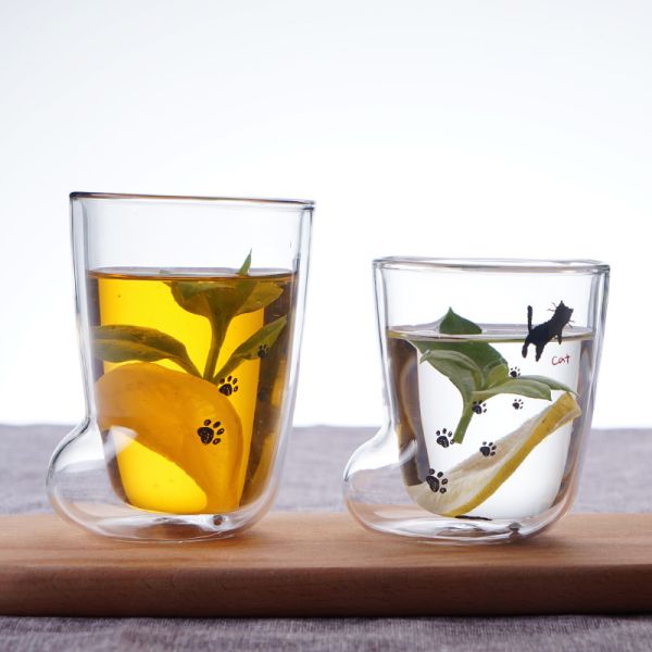 Творческая чашка когтя кота молока/кофе, рука дунутые двойные изолированные стеклянные кружки