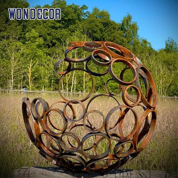 Escultura esférica de acero Corten para empalme circular, 120 cm, para jardín
