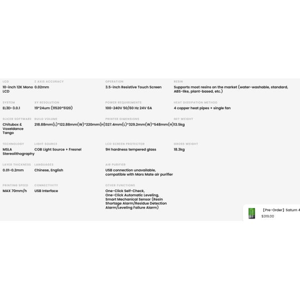 ELEGOO Saturn 4 10-inch 12K Mono LCD Auto Leveling Advanced Cooling System Smart Mechanical Sensor ELEGOO LCD 3D Printer