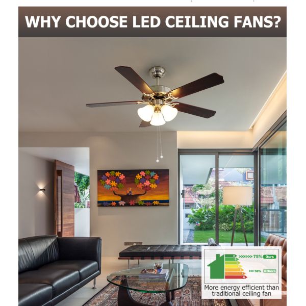 1stshine Ventilador de teto de lâminas reversíveis com Kit de luz e acabamento de MDF em fonte de luz LED