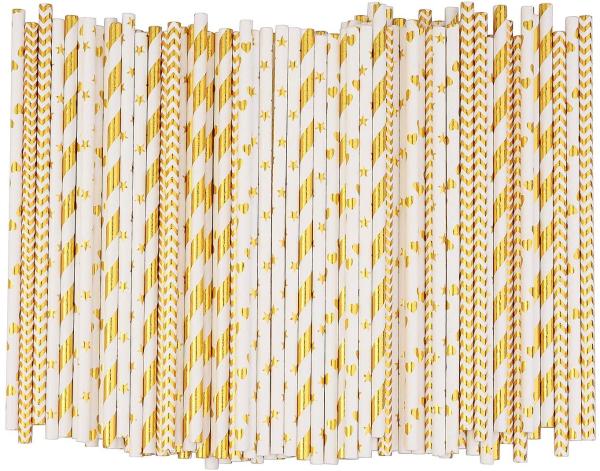 7.75 Inches Biodegradable Gold Striped Star Wave Heart Paper Straws