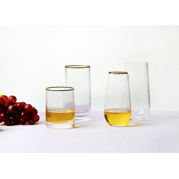 Optic Texture Hand Blown Gold Rim Highball Glasses , Electroplating 17 Oz Drinking Glasses