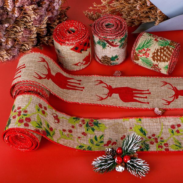 MSD OEM 2-1/2 Inch Red Plaid Burlap Fabric Wired Edge Ribbons for Holiday Decoration