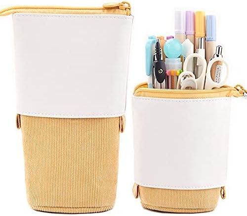 Telescopic Pencil Bag Pen Holder Stationery Case, PU Corduroy Stand-up Retractable Transformer Bag Colorful Organizer,