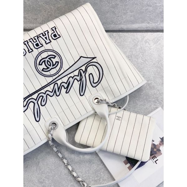 30cm 23P Chanel Deauville Tote Bag White Ecru Black Stripe