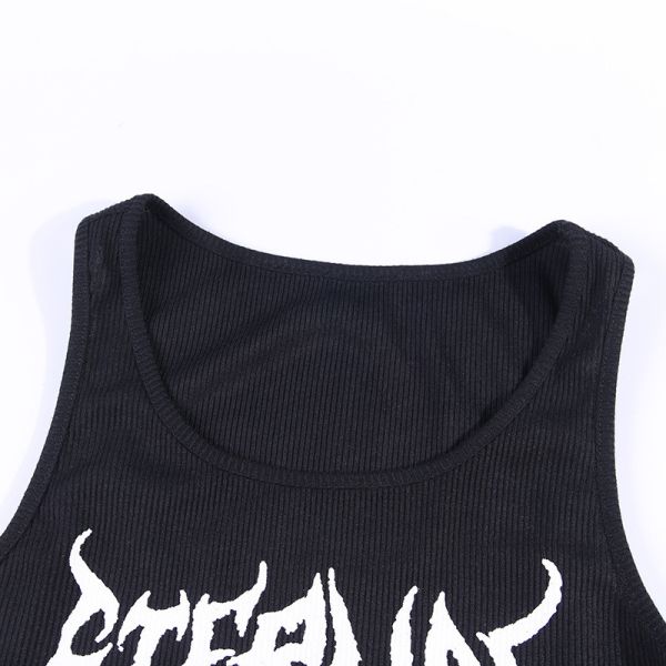 Skull Print Women Crop Top Shirt U Collar Contrasting Color