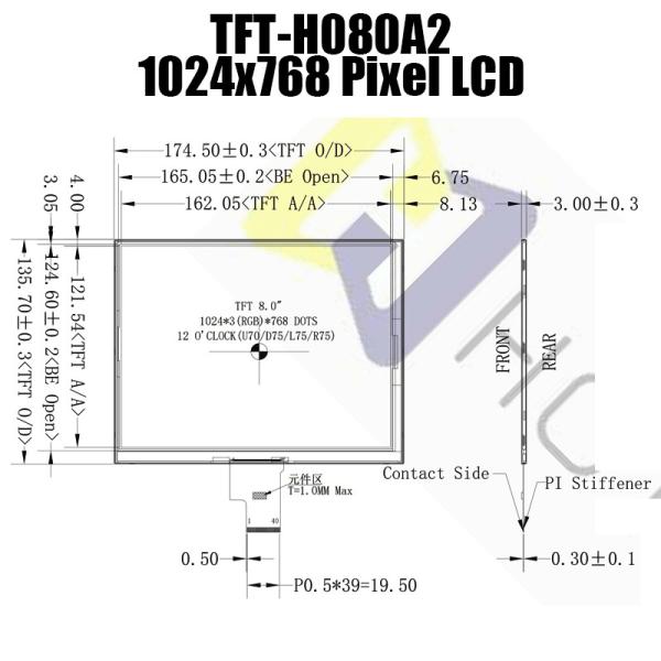 Affichage HX8282A HX8695 TFT-H080A2XGTHX3N40 de 8 de pouce 1024x768 de couleur IPS TFT de contact