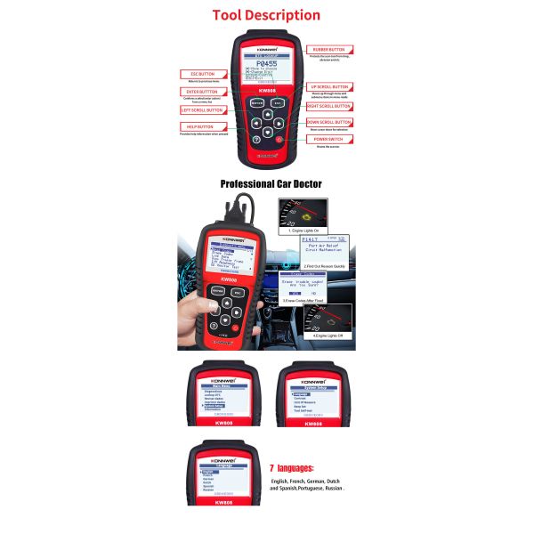 Easy Use Can Obd Ii Car Scanner Tool Kw808 Code Reader Display DTC Definitions On Unit Screen