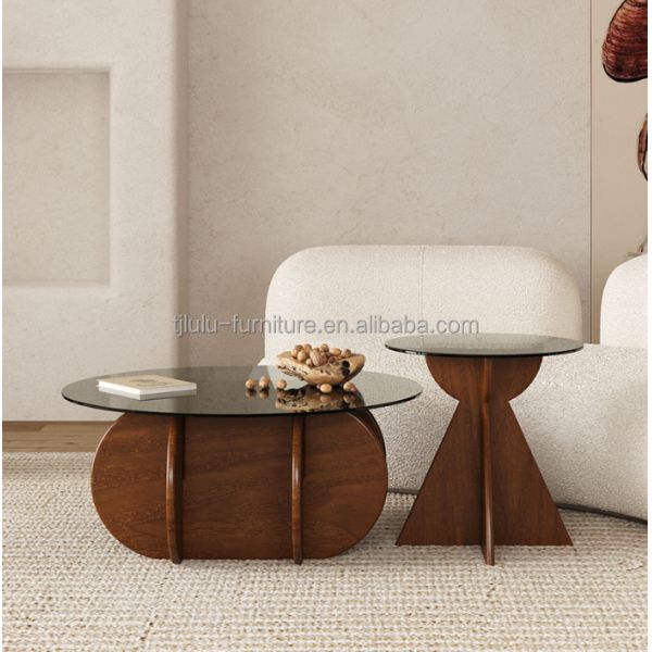 Solid Wood Round Side Glass Top Table Coffee Table For Living Room Design General Home Furniture Lacquered Finish