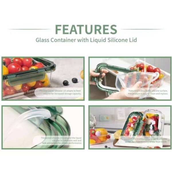 Récipient de conservation alimentaire rectangulaire transparent en verre avec couvercle en silicone et conception écologique