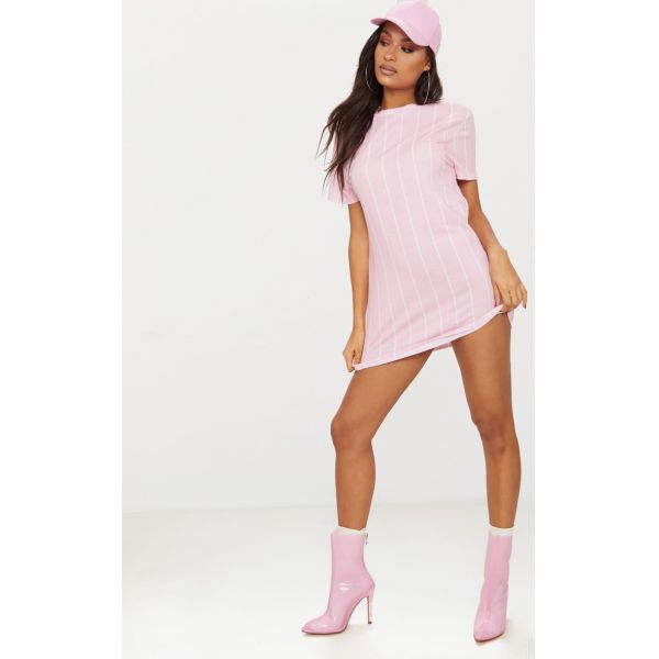 Hot Sale Fashion Pastel Pink Stripe Print T Shirt Dress For Women