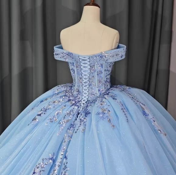 Glitter Off-the-shoulder V-neck Appliqued Lace Beaded Chapel Train Ball Gown Long Blue Tulle Quinceanera Dress 