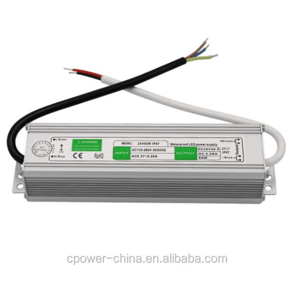 Silver White 24v DC Waterproof Electronic 50W LED Driver 100w 25w IP67 Power Supply Transformer