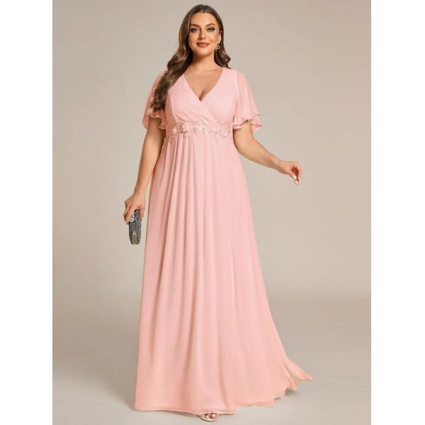 Empire Plus Size Applique Short Sleeve A-line V-neck Flutter Sleeves Invisible Zipper Navy Blue Chiffon Evening Dress