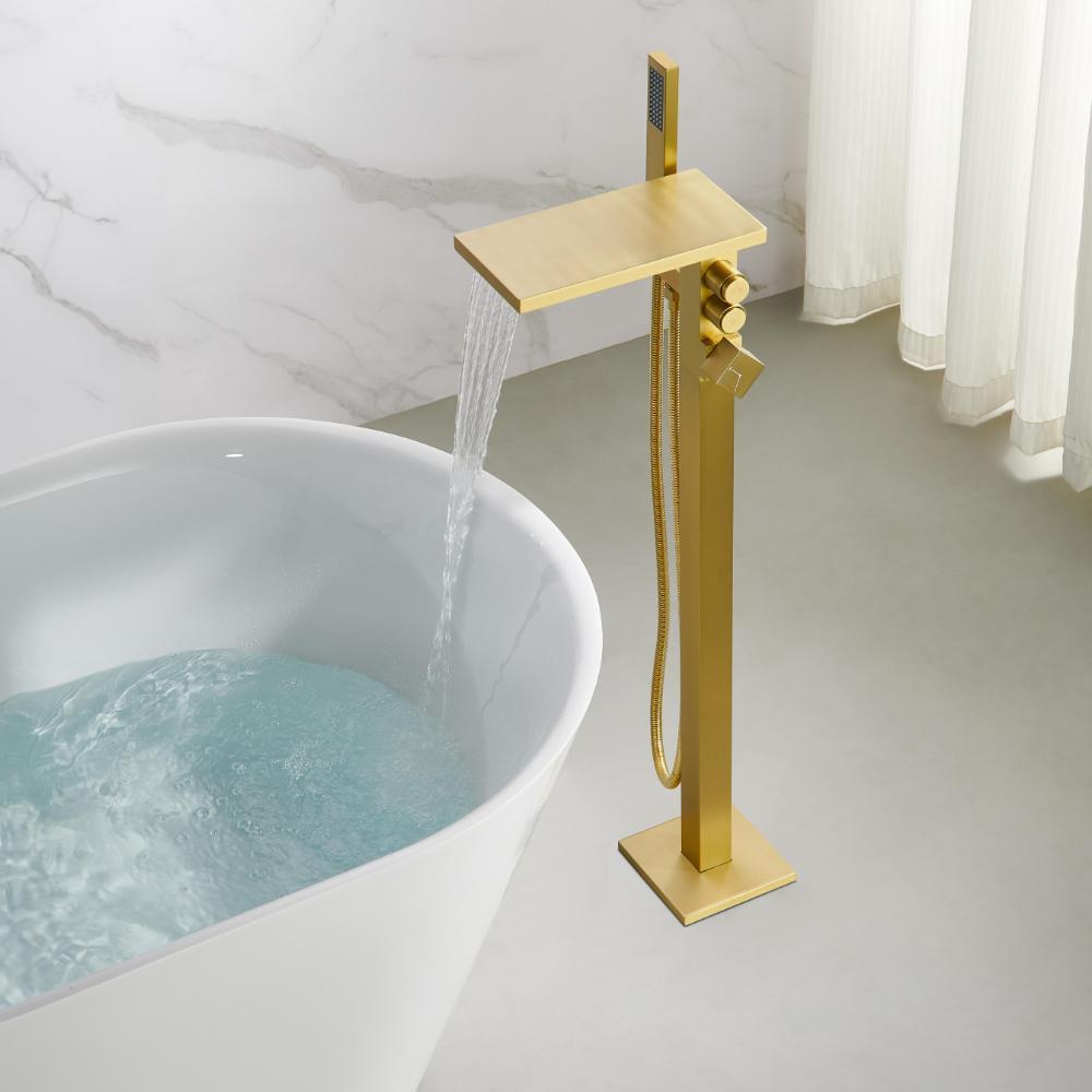 Modern Brushed Gold Freestanding Bathtub Faucet Solid Brass Waterfall Tub Filler with Handheld Shower bath sanitary ware