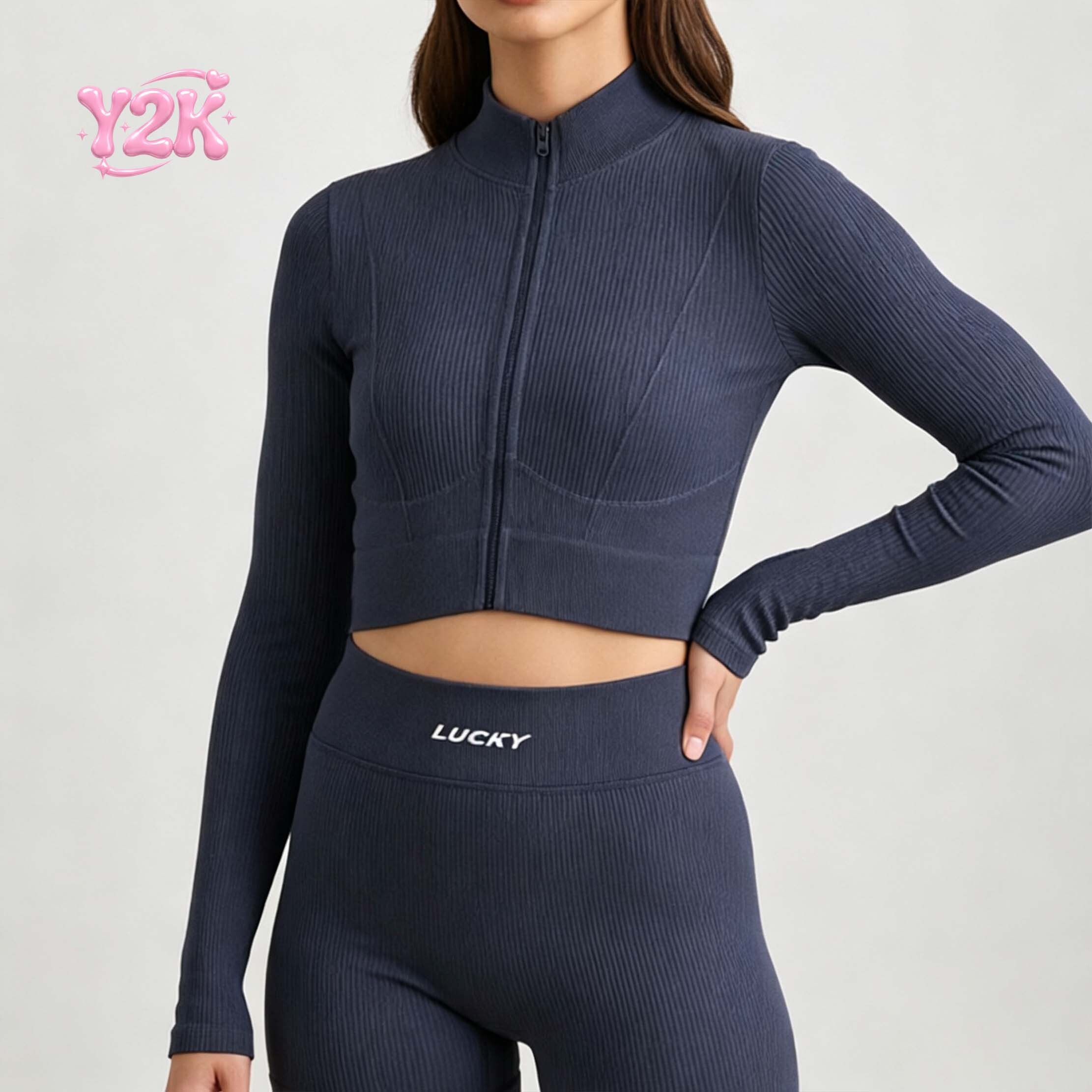 Custom Ribbed Long Sleeve Zip Yoga Jacket & Shorts Gym Set