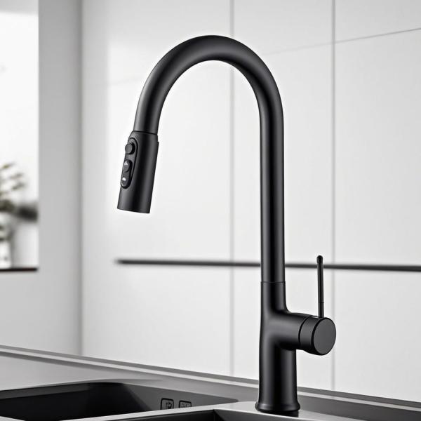 Pull Down Button Kitchen Faucet Black Brass One Handed Handle