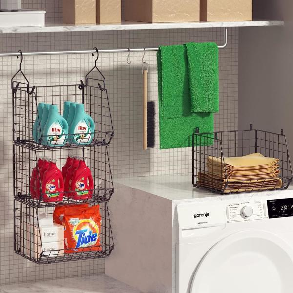 X-COSRACK 4 TIER FOLDABLE CLOSET ORGANIZER, CLOTHES SHELVES WITH 5 S HOOKS, WALL MOUNT&CABINET WIRE STORAGE BASKET BINS,