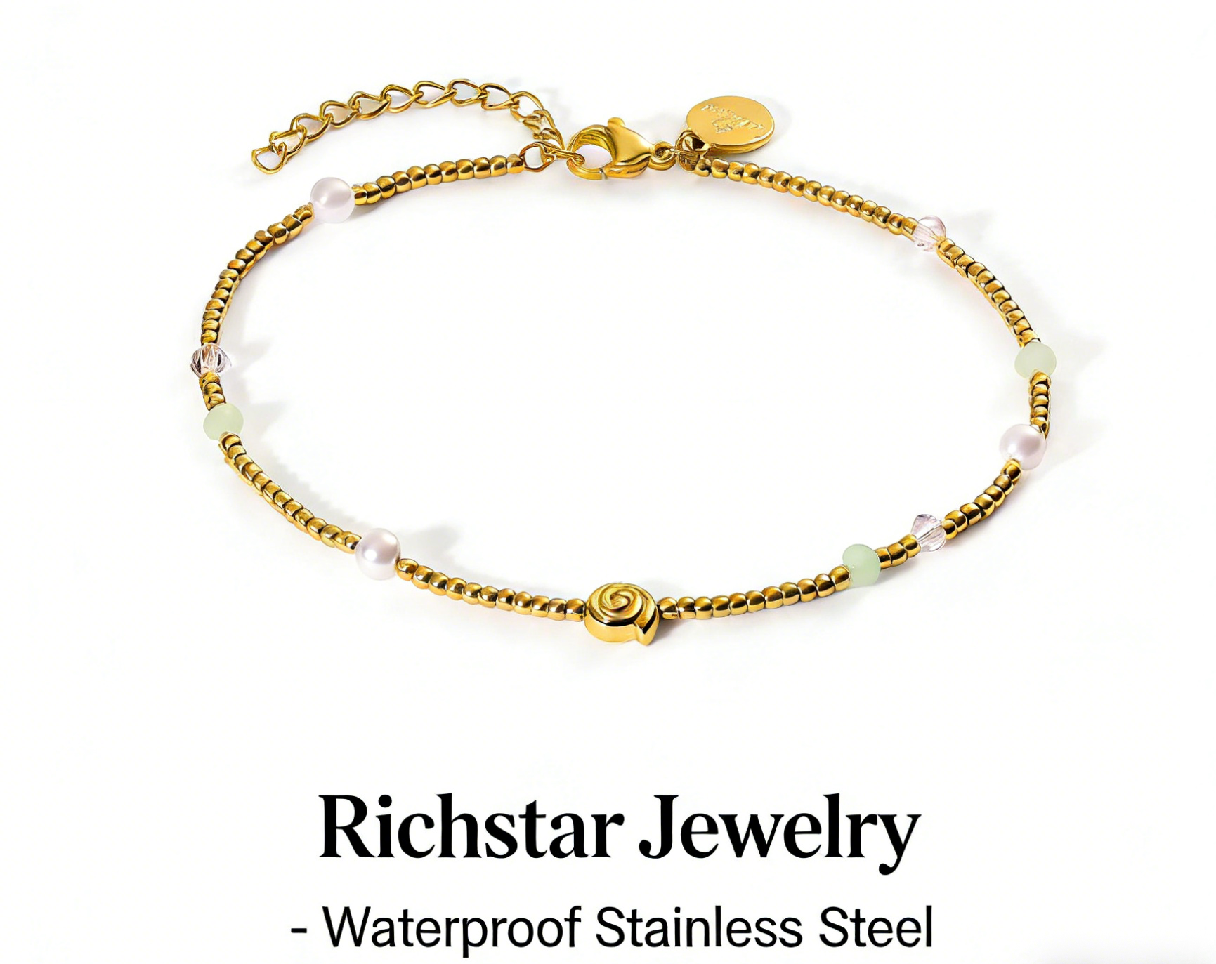 18K Gold Plated Waterproof Hypoallergenic Beaded Bracelet with Adjustable Layering Design
