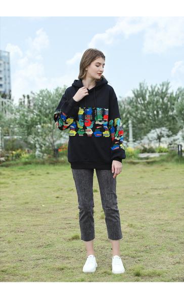 Plush Women Loose Pullover Sweater Hoodies Printed Cotton