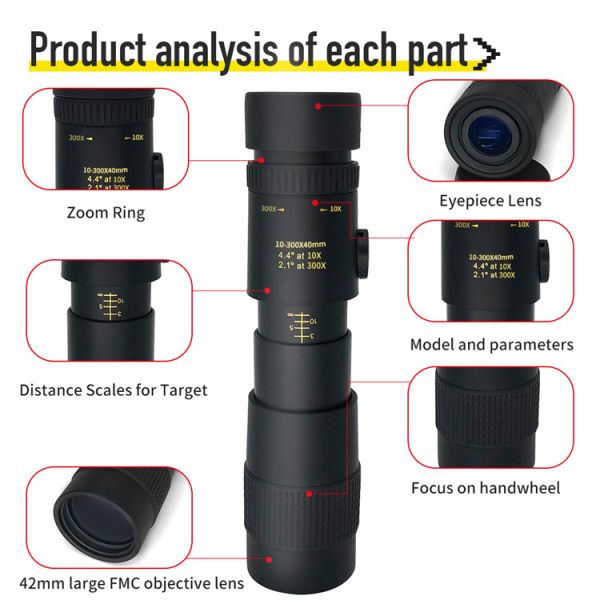 Сигнала телеобъектива силы 4K 10-300X40mm телескоп супер Monocular для взрослых