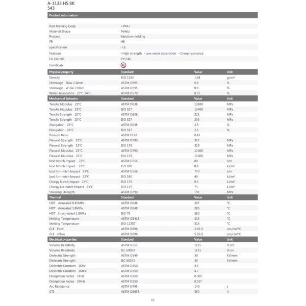 PPA US Solvay A-1133 HS BK543 vidrio resistente al arrastramiento reforzado con 33% de amida de polixileno