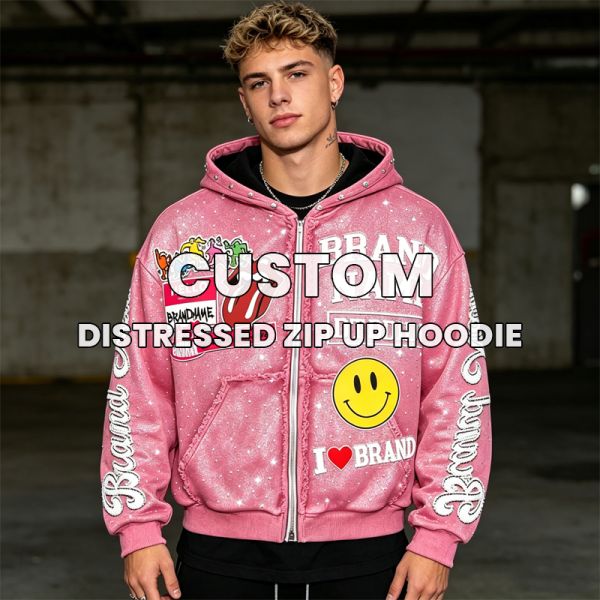 High Quality 100% Cotton Distressed Zip up Acid Wash Men's Hoodie Manufacturer Custom Heavyweight Stitch Rhinestone Sweatshirt
