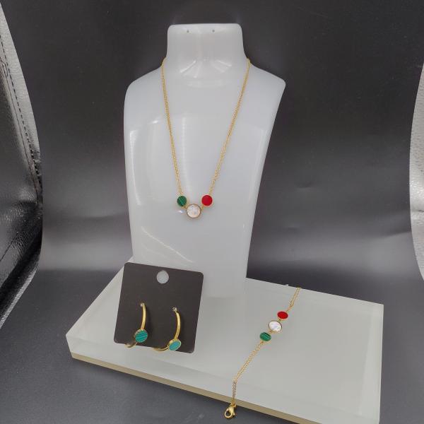 Newest Gold Color Stainless Steel  Earring ,Necklace , Bracelet Sets With Green Shell For Lady