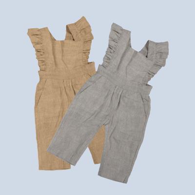 Little Girls Linen Fabric Dungarees Overalls Flutter Sleeve Jumpsuit Casual Wear