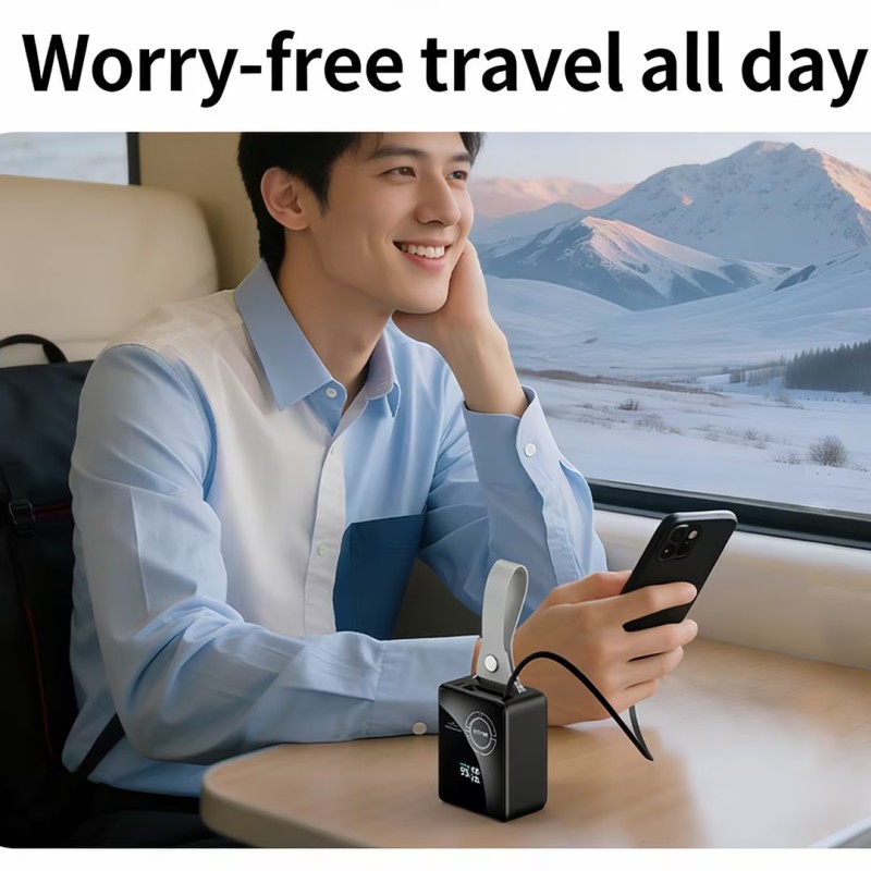 Portable Power Bank 20000mAh Capacity with input 45W Fast Recharge Retractable Cable and Real Time Battery Status Display