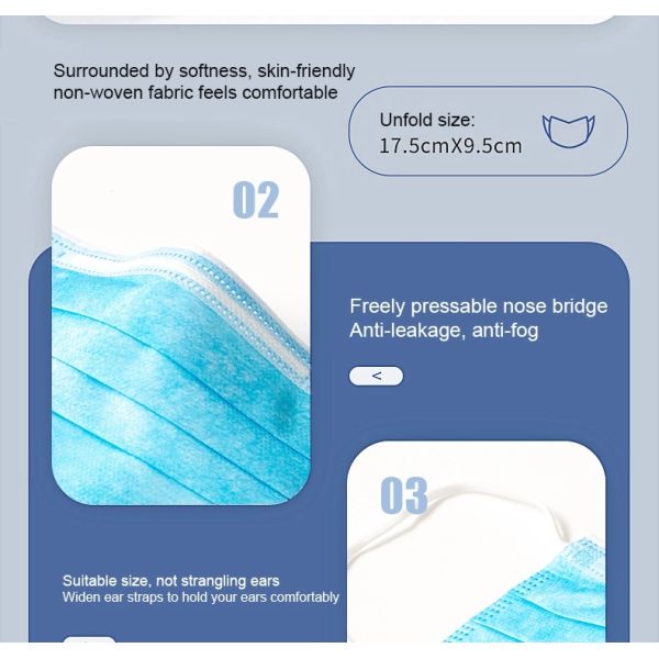 Adult 3 Ply Disposable Antiviral Blue Face Mask