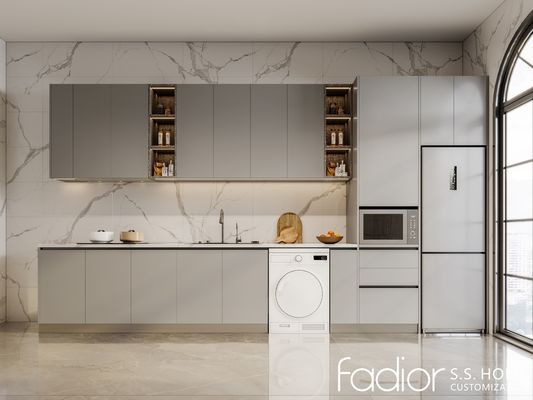 Modern Linear Stainless Steel Kitchen Cabinets With Full-Height Storage And Integrated Appliances