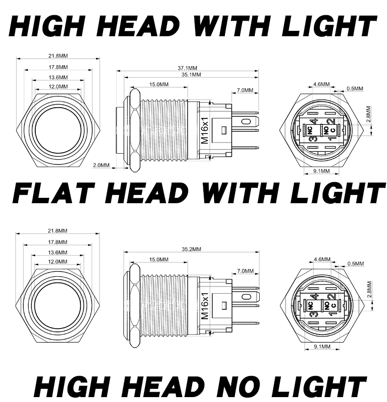 16mm Metal Push Button Switch High/Flat Head Led 3Pin/5Pin Metal Momentary  Switch Push Button Switches