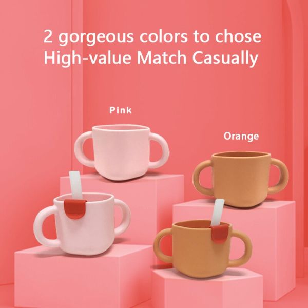 Orange BPA Libre Silicone Manche Bouteille d'alimentation pour bébé Sippy Coupe avec paille Pour les enfants