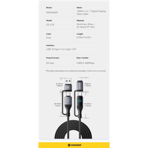 ESSAGER ES-X70 4 in 1 USB A/C to C/L Charging Data Cable PD and QC Charging for All Devices